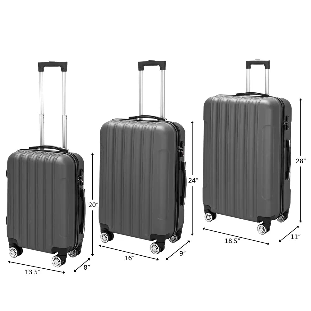 Set of three dark gray hardshell spinner suitcases with vertical ridges black handles and wheels from the 3-in-1 luggage set.
