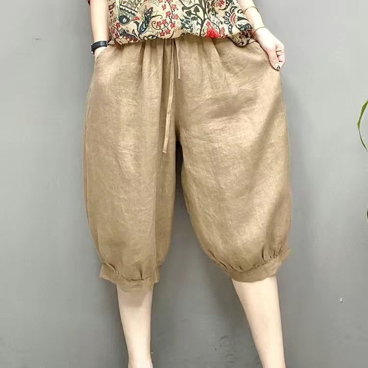 pantalones capri de lino estilo harén de talla grande color beige con pretina ajustable con cordón y puños elásticos