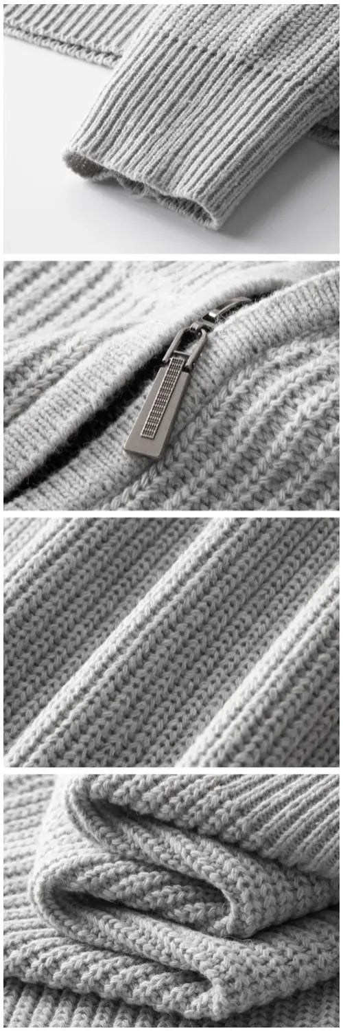 Herren-Halbrollkragenrippstrickpullover aus grauem Strickstoff mit metallischem Zipper-Zug.