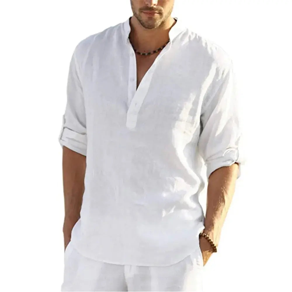 Men’s casual white linen pullover shirt with a v neck buttoned collar and rolled-up sleeves.