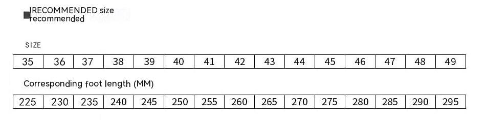 the size chart for embossed stone pattern slip on leather loafers displays recommended sizes and corresponding foot lengths in millimeters for accurate footwear fitting.