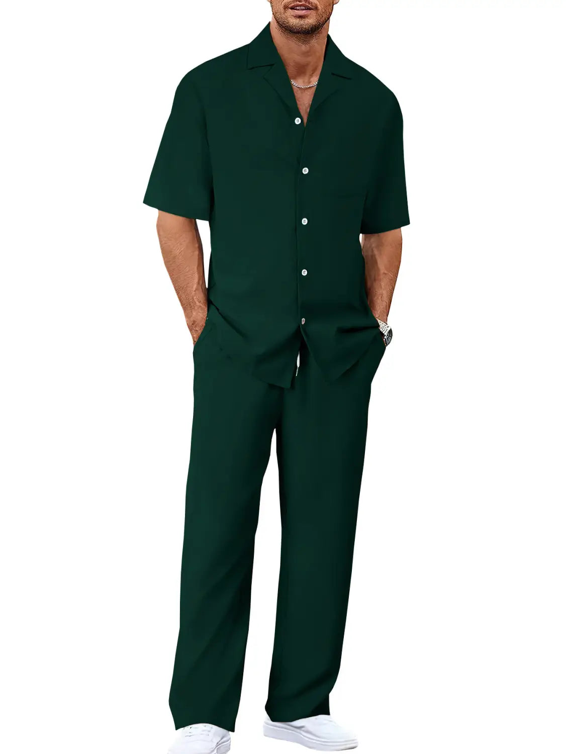 men short sleeve casual suit set featuring a dark green short-sleeved button-up shirt and matching pants made from comfortable fabric for everyday wear
