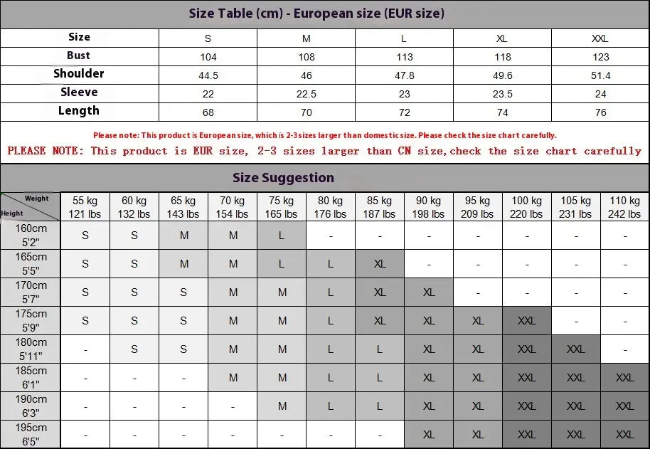 Europäische Konfektionsgrößen-Tabelle für Kleidungsstücke mit detaillierten Maßen für Brust, Schulter, Ärmel und Länge von Small bis XXL für Herren gestreiften atmungsaktiven Strick-Sommer-Poloshirt.