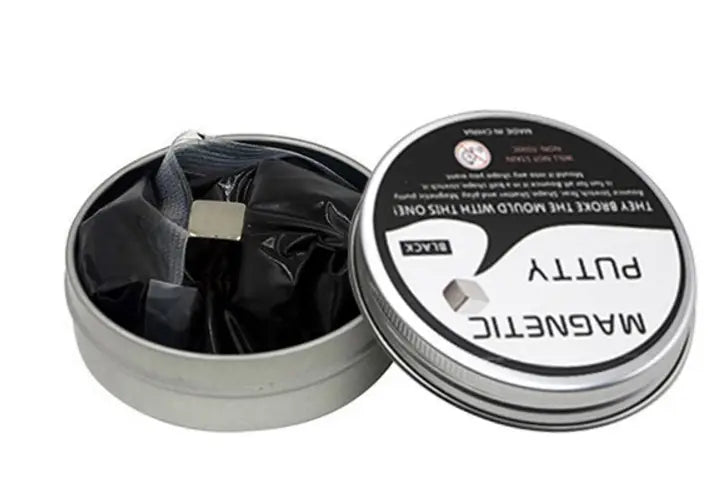 black magnetic putty in a silver tin container from a six color magnetic putty stress relief toy set