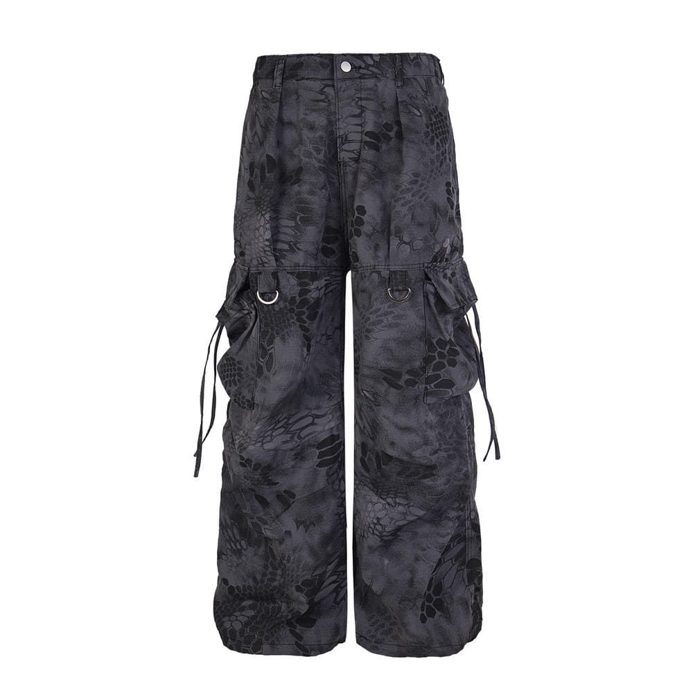 Black camouflage-patterned wide leg cargo pants with multiple pockets and drawstrings designed as tactical trousers.