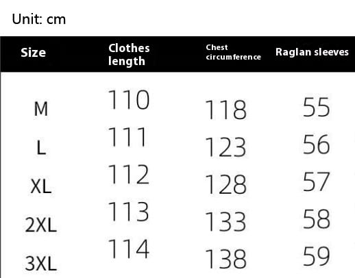 The table displays size measurements in centimeters for a women long quilted puffer coat cotton winter jacket including chest circumference and raglan sleeve lengths across sizes m to 3xl.