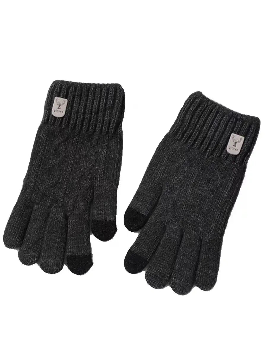Men’s touchscreen winter knitted gloves in black with ribbed cuffs and small logo patches on the back of each wrist.