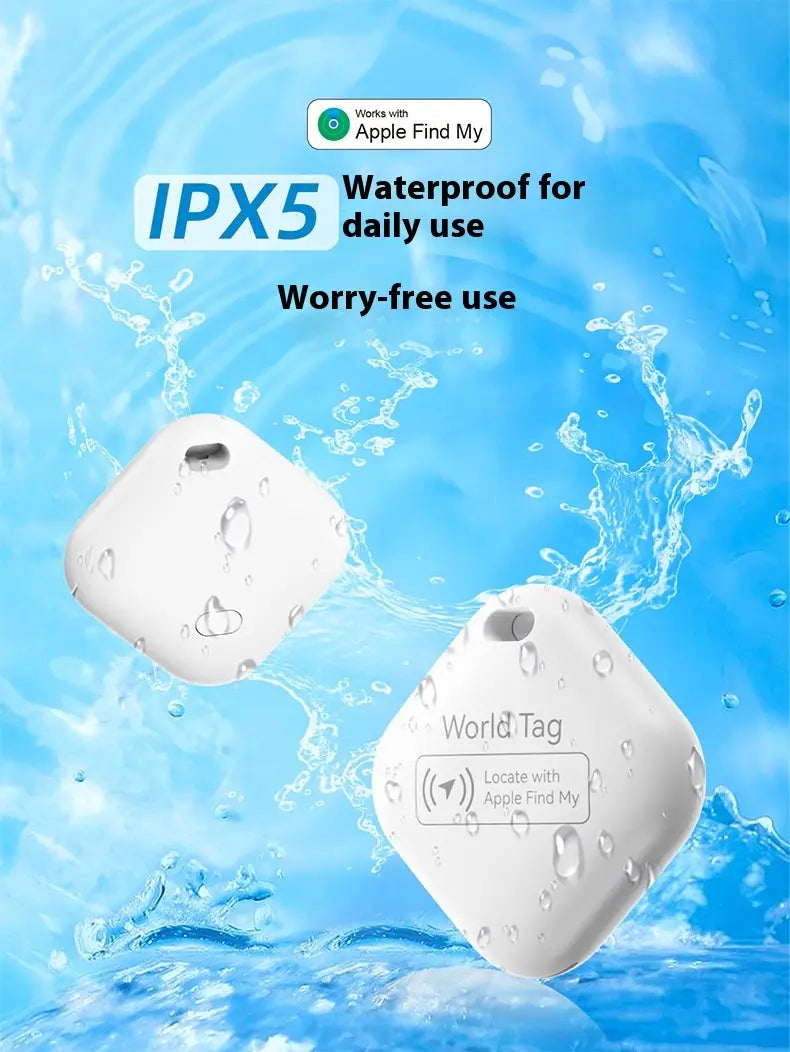 Apple Find My Bluetooth tracker locator in white with a square shape, smooth plastic finish, rounded edges, and designed for waterproof daily use