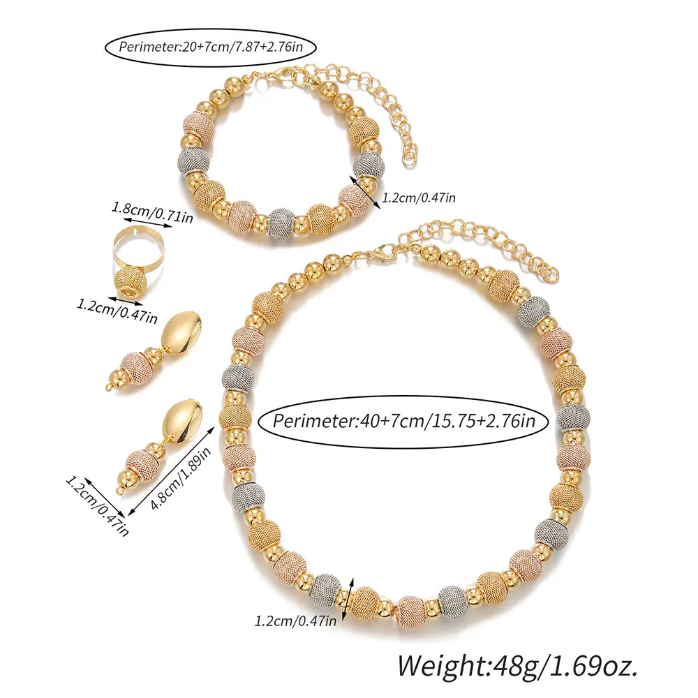 5-piece tri-tone metallic beaded jewelry set featuring gold-toned and silver-toned textured multi-colored spherical beads.