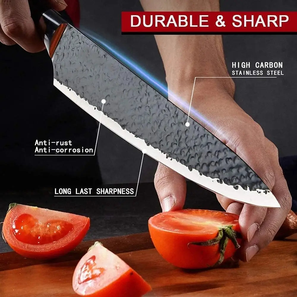 A sleek hammered high carbon stainless steel chef’s knife with a black handle and silver blade edge from a 6 piece hammered steel kitchen knife set with case.