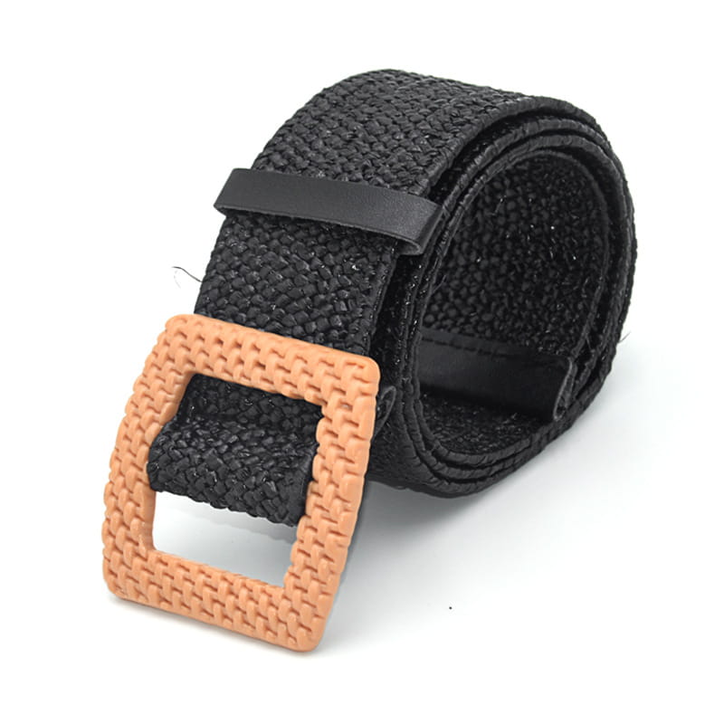 Black woven elastic belt with tan square buckle showcasing a stylish combination of materials.