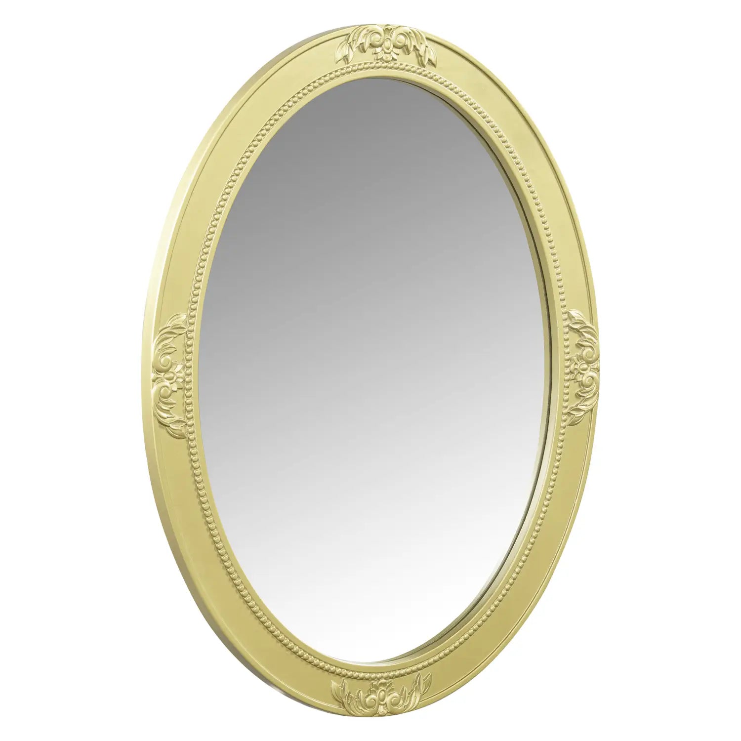 Gold makeup vanity desk featuring an oval mirror with a gold frame ornate beaded detailing and floral motifs with three drawers.