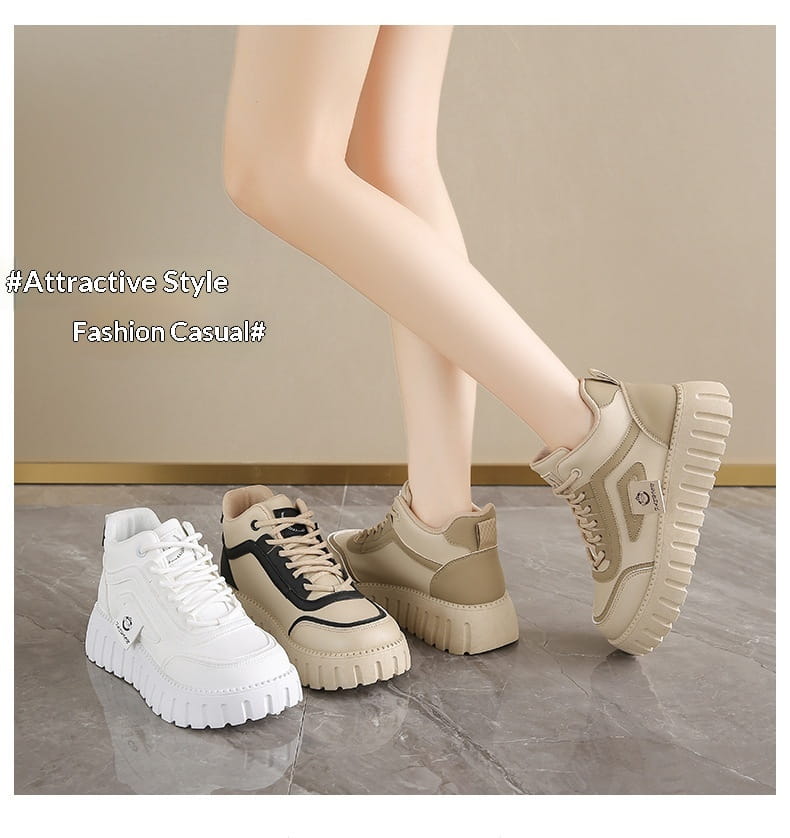 Cream-colored women’s chunky platform breathable high top sneakers with ridged sole and beige suede accents.