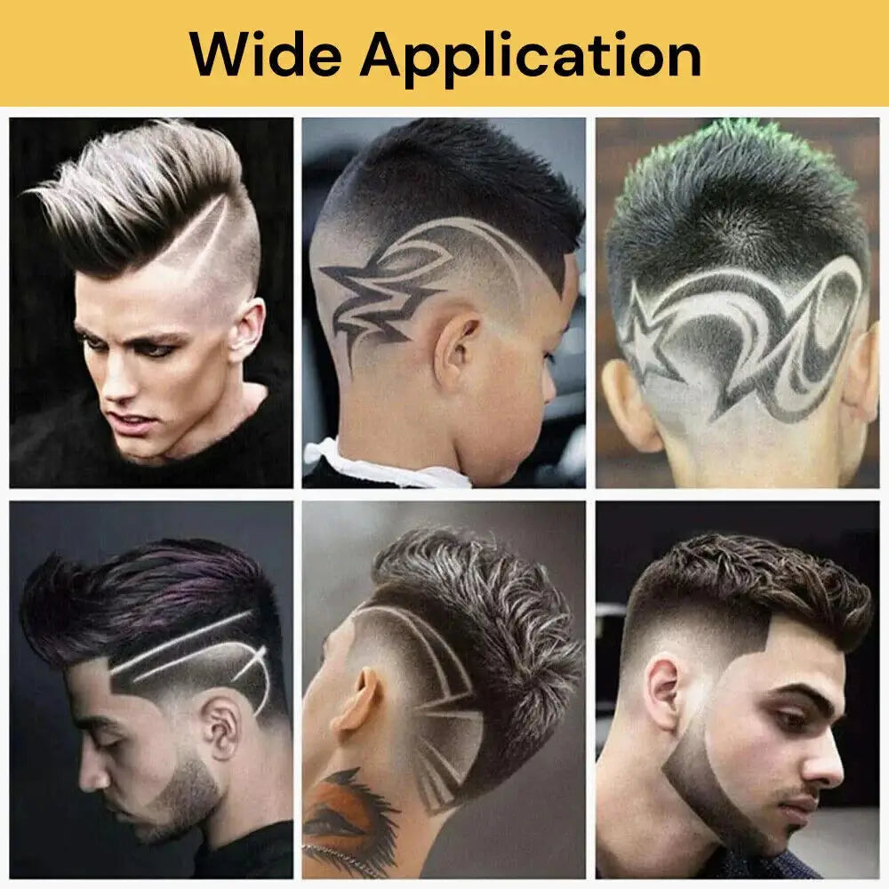 Sechs unterschiedliche Herrenfrisuren mit kunstvollen, rasierten Designs, einschließlich eines spitzen Fade mit seitlich gelegtem Haar und kräftigen geometrischen Mustern, erstellt mit der kabellosen Haarschneidemaschine für Profis in Gold für Barberschnitt.