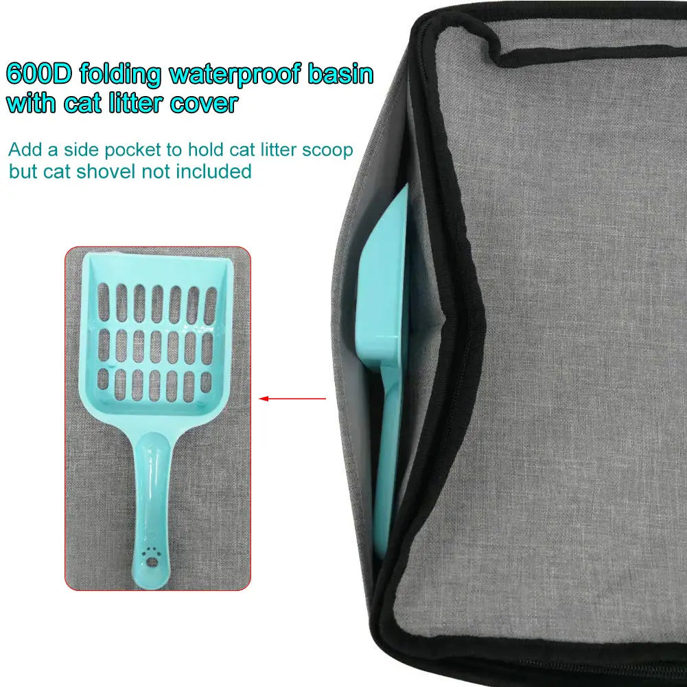 Foldable waterproof gray 600d fabric cat litter box with black trim and side pocket holding a turquoise plastic scoop.