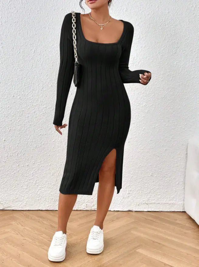 black ribbed knit long-sleeve midi dress with a square neckline and side slit made of ribbed knit fabric suitable for elegant occasions