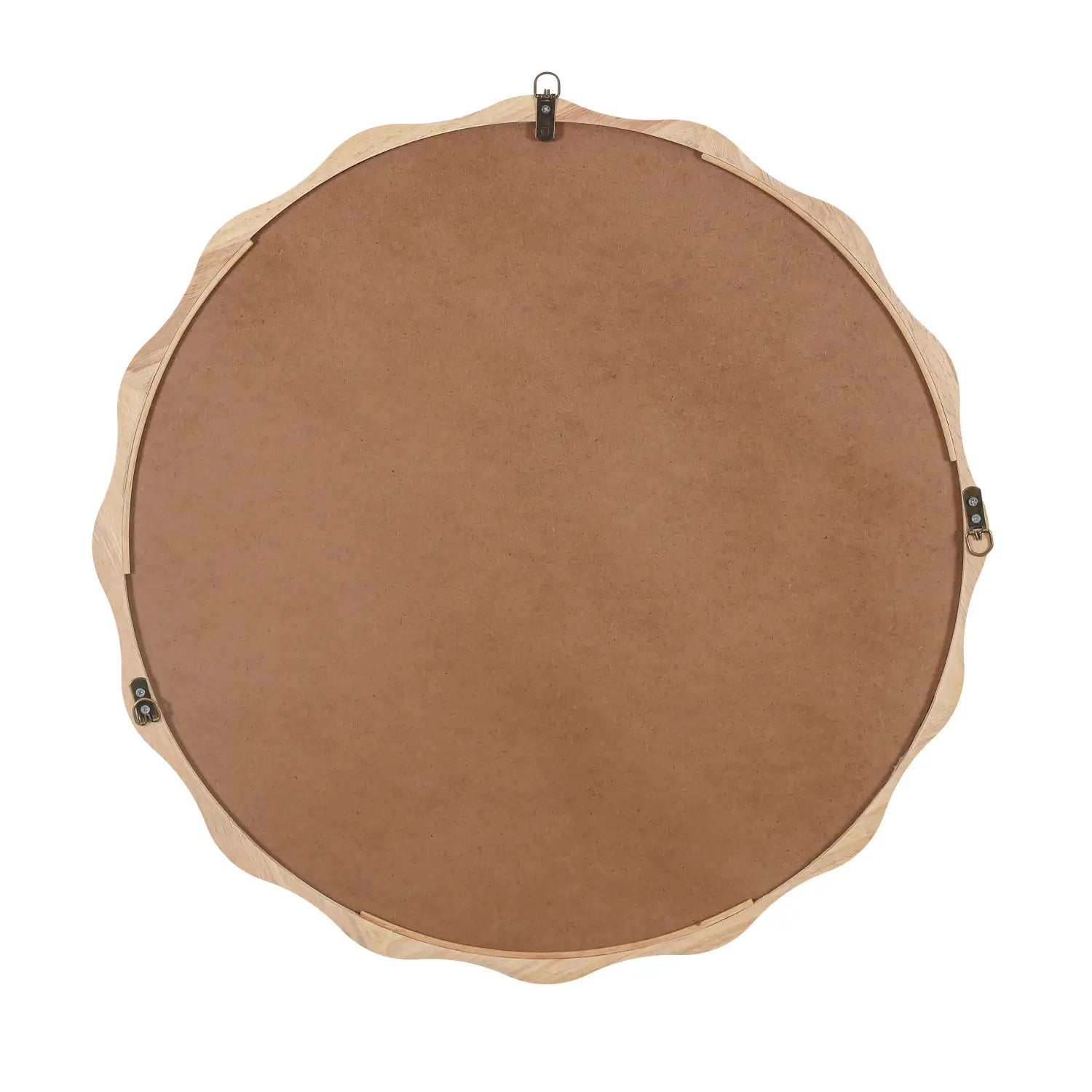 Solid wood wavy mirror 31 inch scalloped round decor with a light wood frame featuring a scalloped edge and a brown suede backing shown from the back.