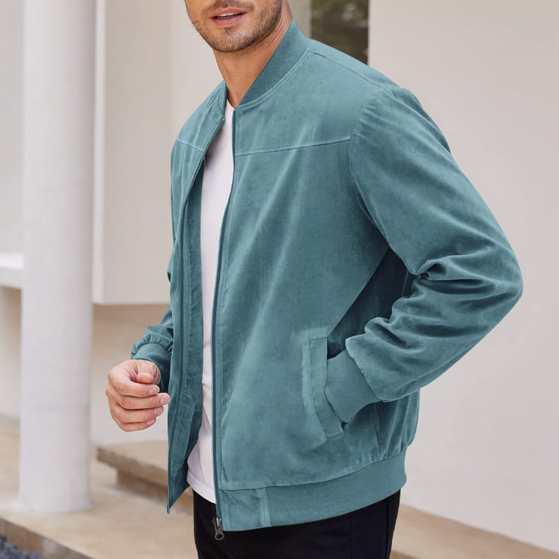 Men suede casual retro jacket in teal velvet with a bomber style front view.
