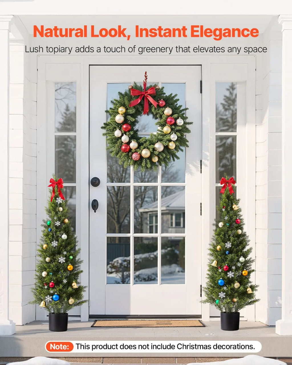 48 inch artificial topiary cedar trees set of 2 with lush green wreath and red gold ornaments hanging on white door