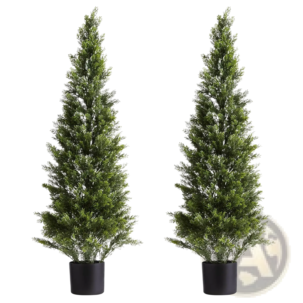 Two 48 inch artificial topiary cedar trees with dense dark green foliage in sleek black cylindrical pots
