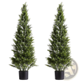 Two 48 inch artificial topiary cedar trees with dense dark green foliage in sleek black cylindrical pots