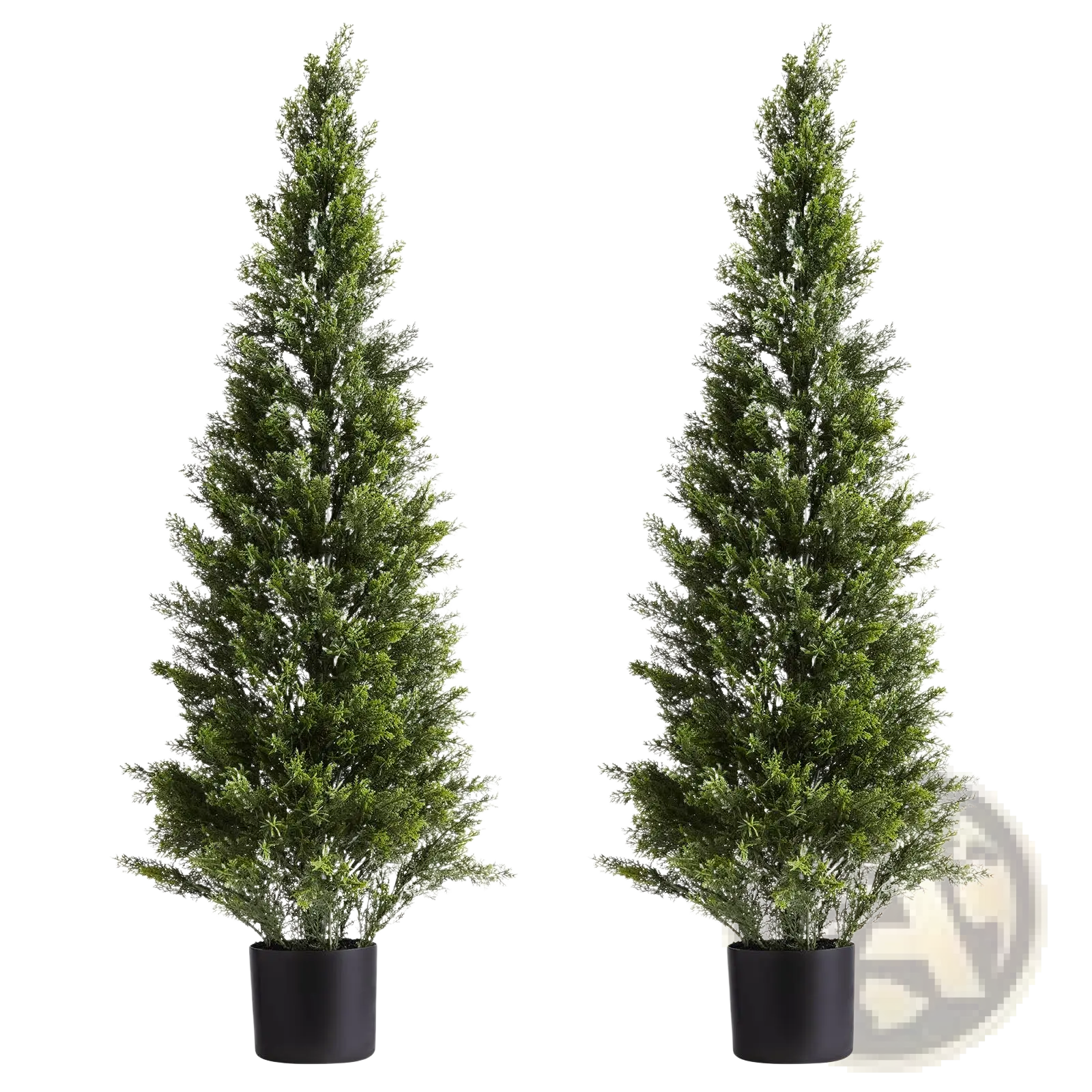 Two 48 inch artificial topiary cedar trees with dense dark green foliage in sleek black cylindrical pots