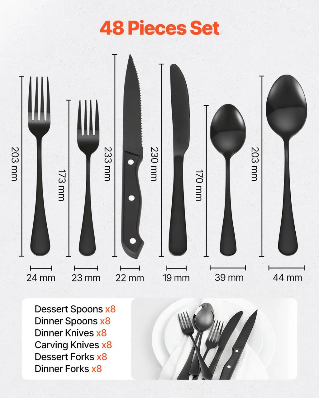 48-piece black stainless steel silverware set for 8 with matte finish, sleek modern handles, and sharp blades