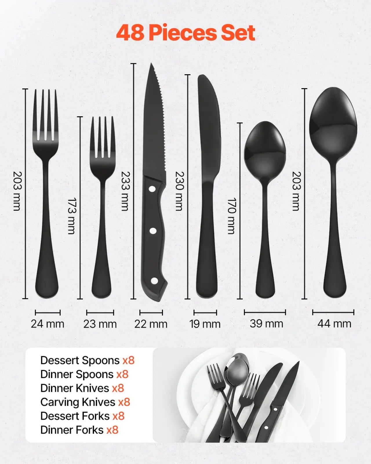 48-piece black stainless steel silverware set for 8 with matte finish, sleek modern handles, and sharp blades