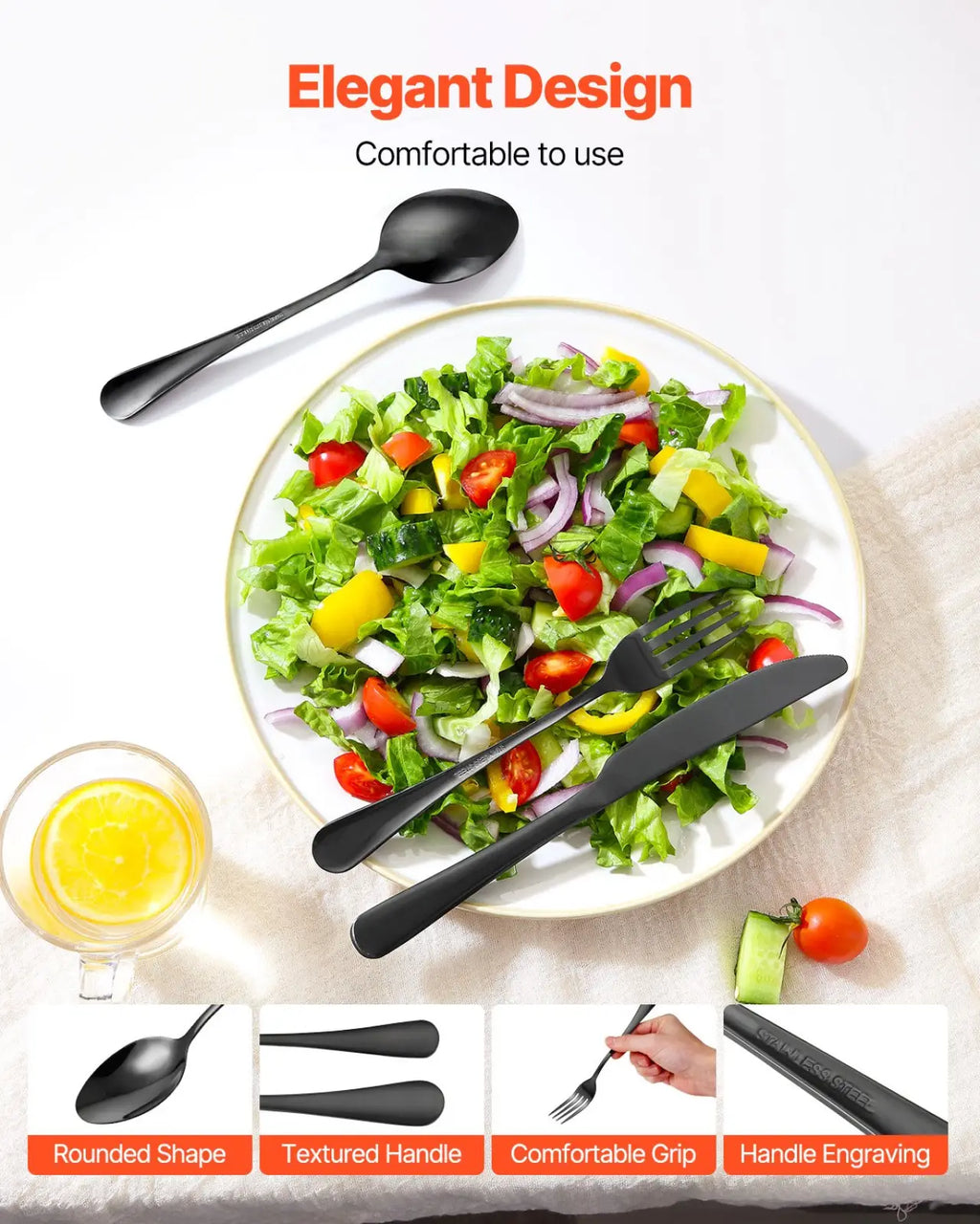 48-piece black stainless steel silverware set with sleek modern design and textured handles for 8 people