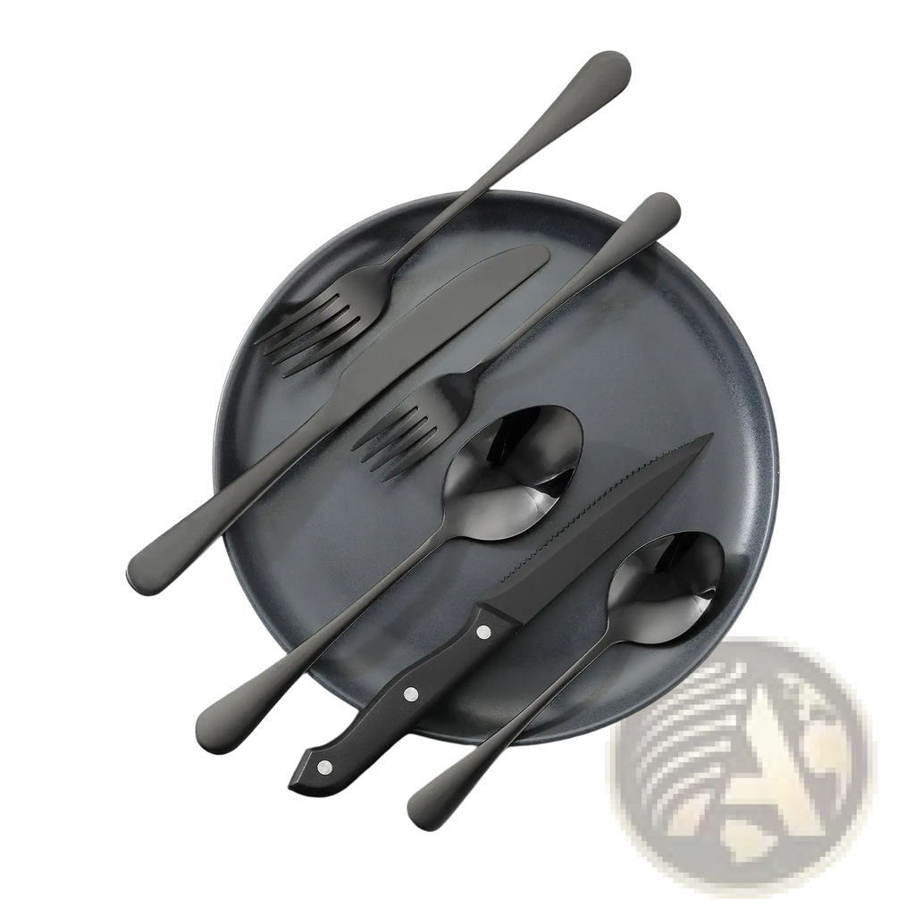 48-piece black stainless steel silverware set with matte finish and silver rivets for 8 people