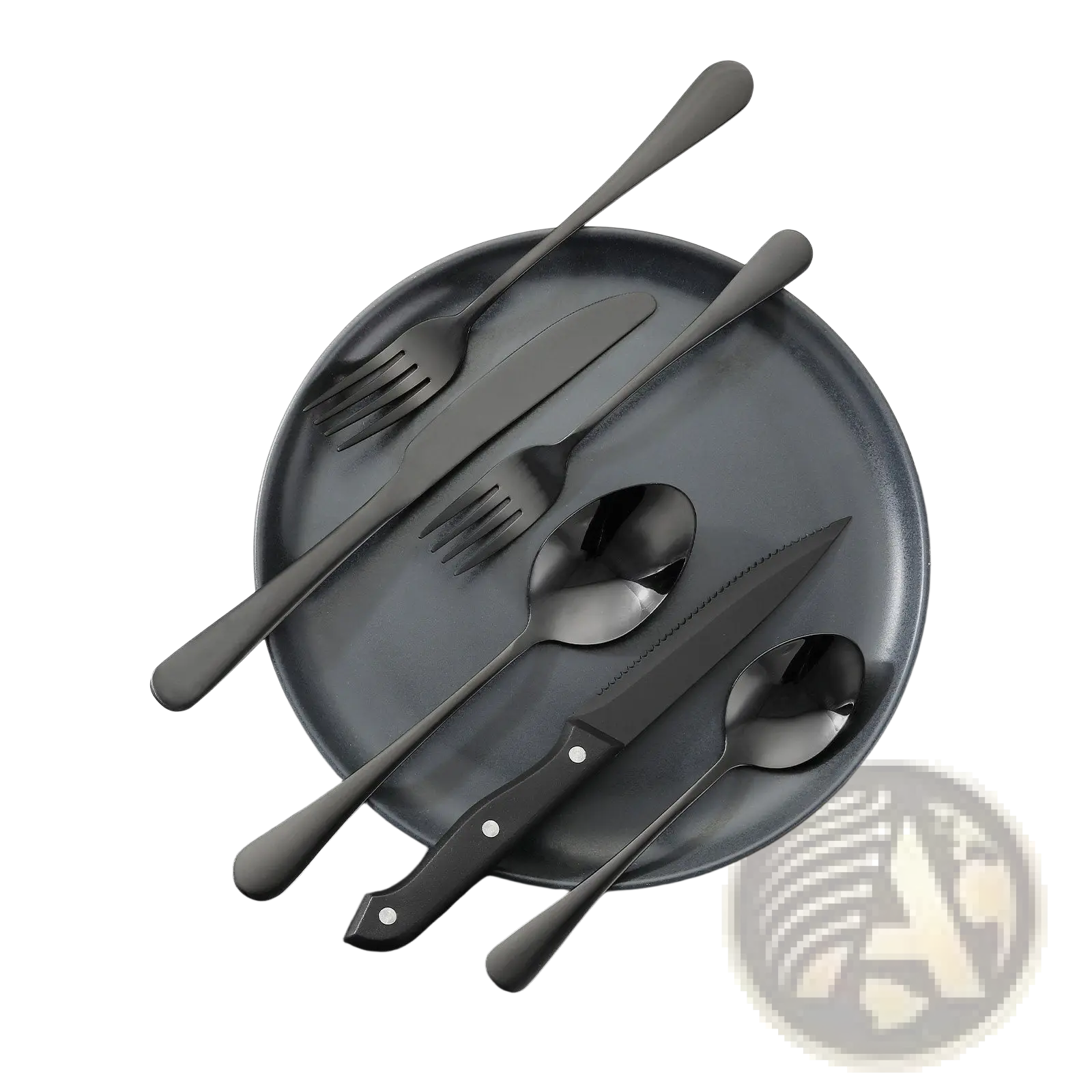 48-piece black stainless steel silverware set with matte finish and silver rivets for 8 people