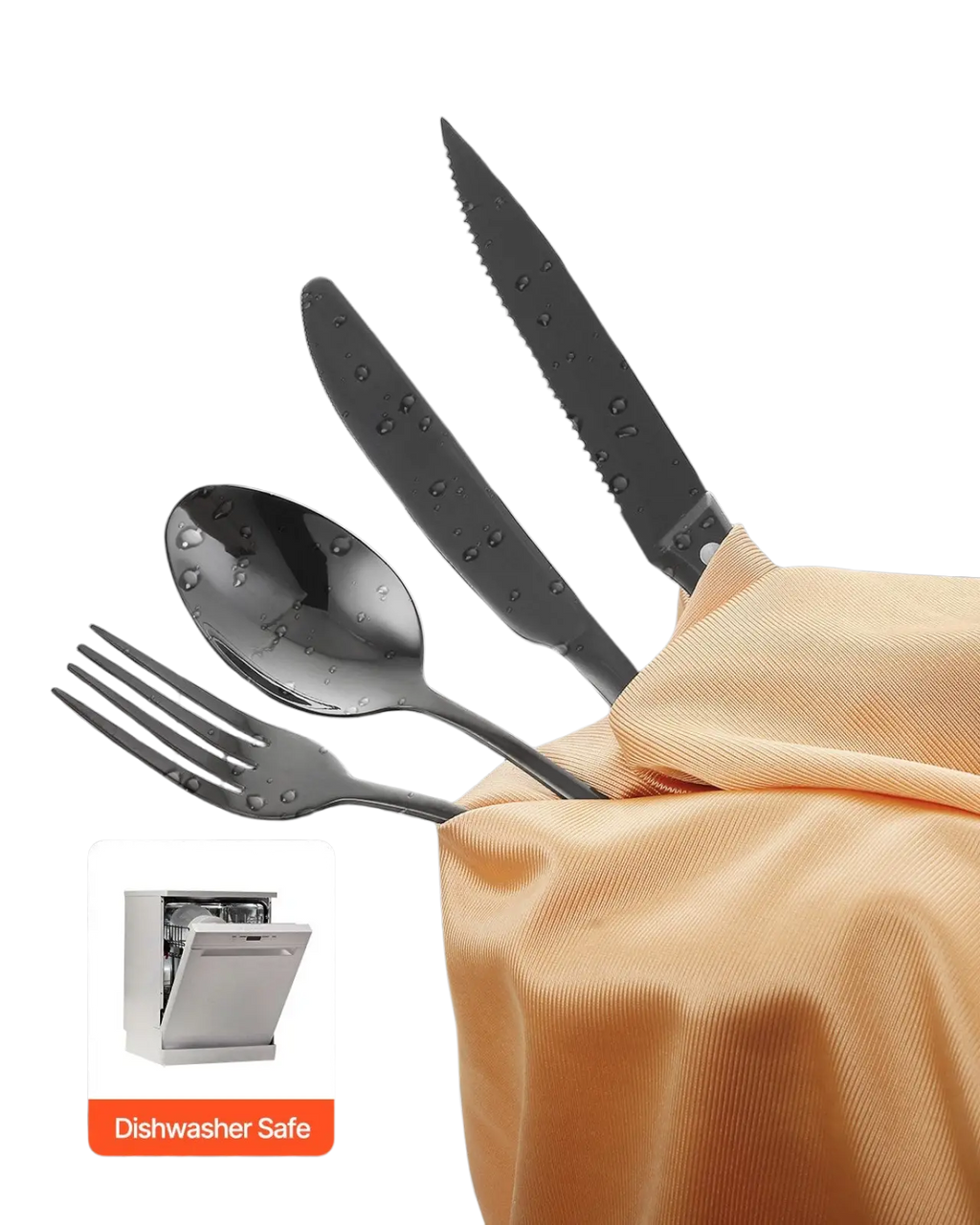 48-piece black stainless steel silverware set for 8 with sleek modern design and dishwasher-safe finish
