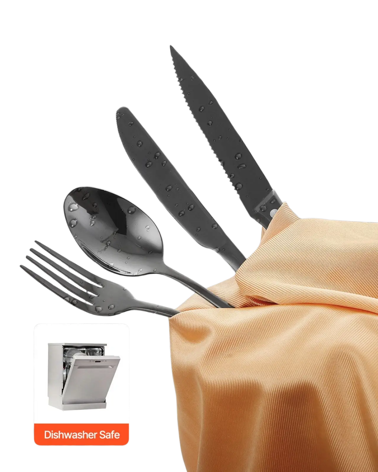 48-piece black stainless steel silverware set for 8 with sleek modern design and dishwasher-safe finish
