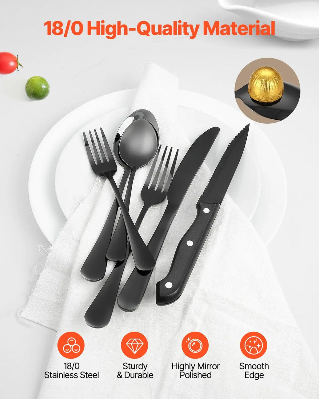 Black 18/0 stainless steel 48-piece silverware set for 8 with sleek highly mirror-polished finish and smooth edges