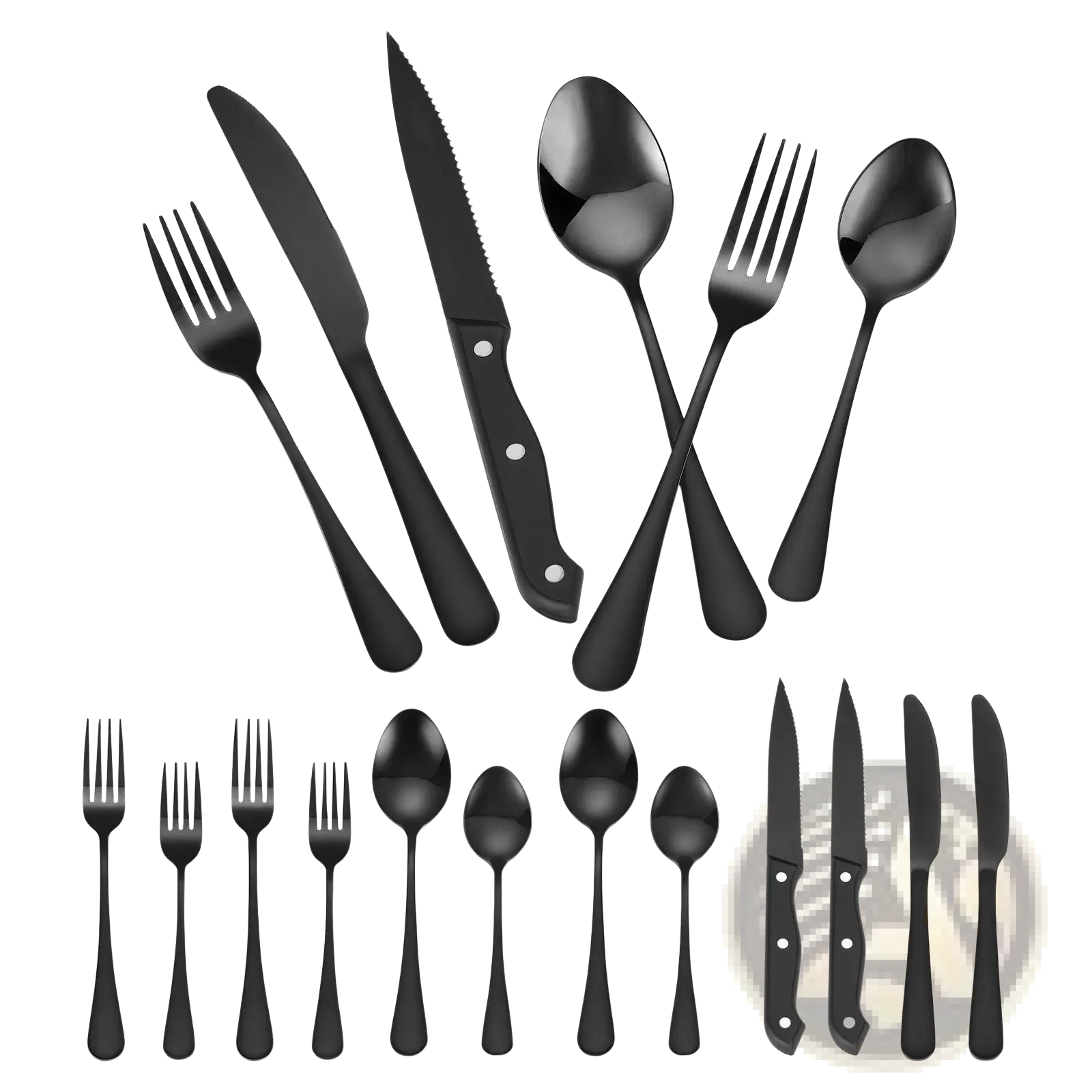 48-piece black matte-finish stainless steel silverware set with sleek modern handles and polished blades for 8 people