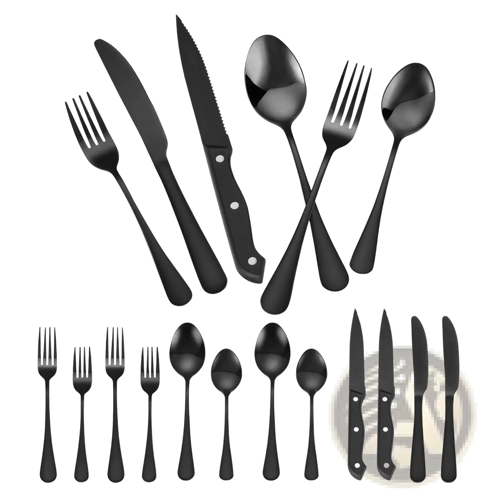 48-piece black matte-finish stainless steel silverware set with sleek modern handles and polished blades for 8 people