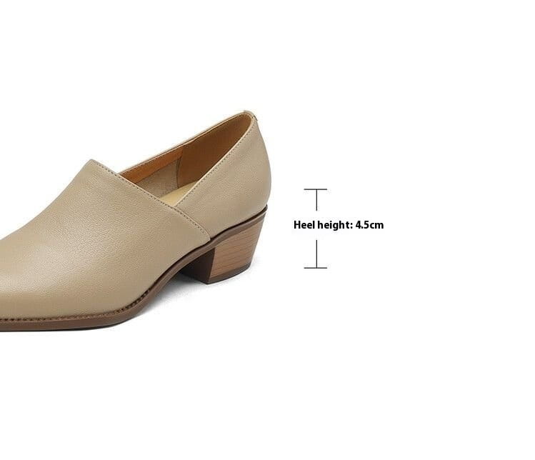 Beige leather slip-on women’s loafers with a 4.5cm wooden block heel and stitched detailing along the sole edge featuring a square toe design.