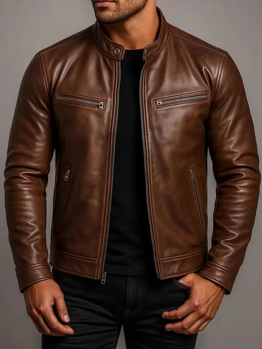Men pu leather motorcycle jacket in rich brown with classic design and zippers on chest and sides.