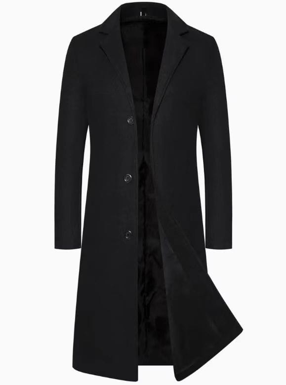 Black woolen trench coat above the knee with a notched collar, three silver buttons, and a plush black lining.