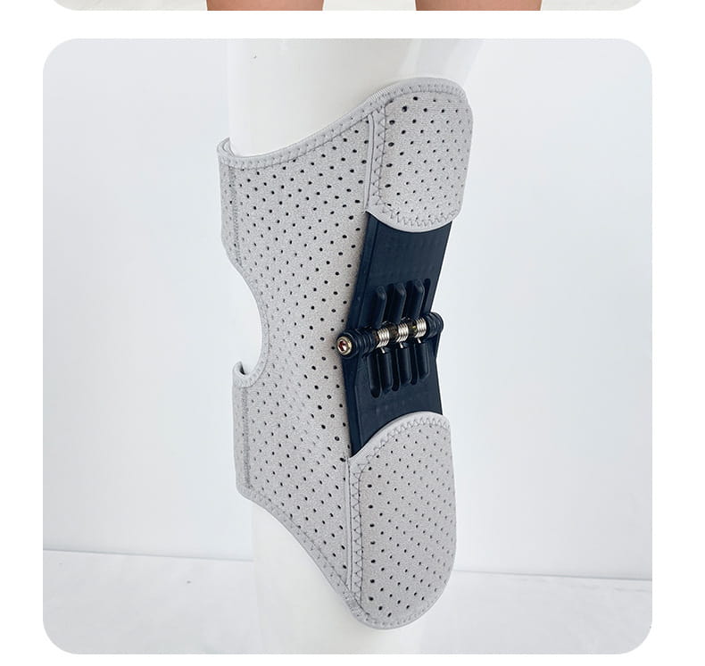 Muñequera de tejido perforado gris con mecanismo de bisagra metálica ajustable negra para la muñequera de soporte de rodillera elevadora, diseñada para trepar y correr.