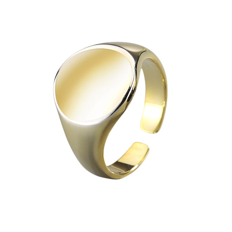 Gold-toned adjustable oval minimalist signet ring with a smooth face and polished metallic band.