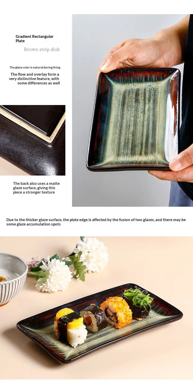Rectangular ceramic serving tray with a gradient brown and green glaze, vertical striations, and a matte ceramic back surface, measuring 12.5 inches.