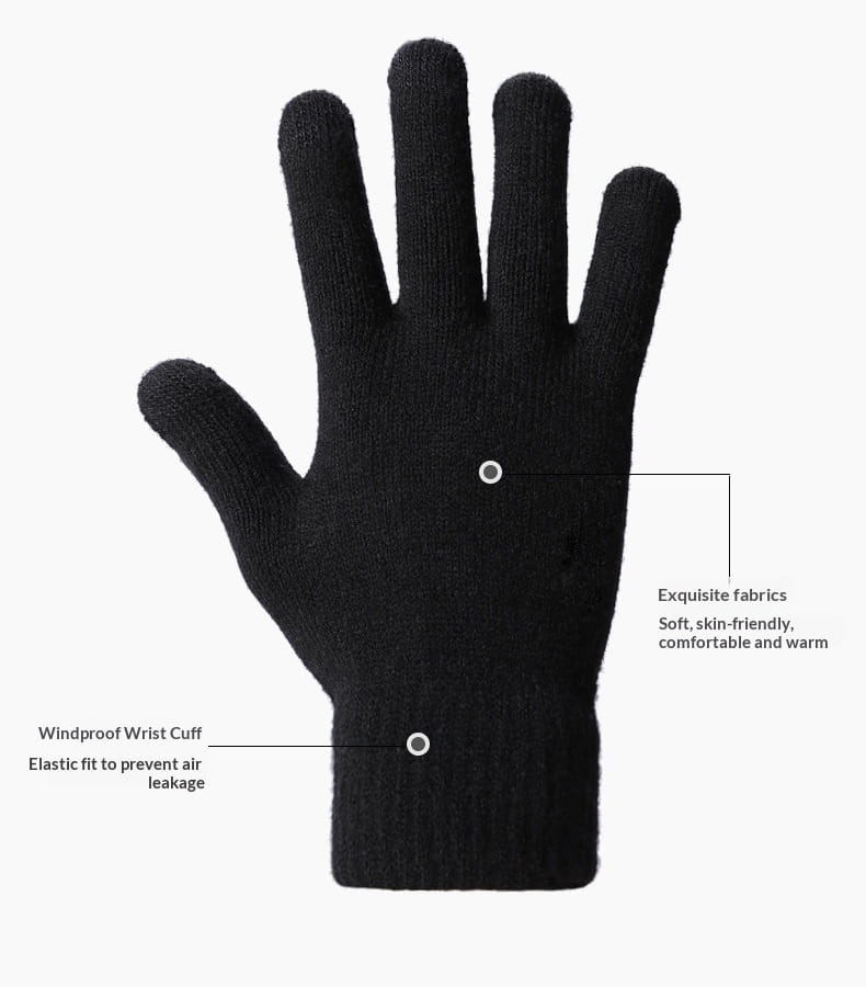 Schwarzer gestrickter Touchscreen-Wollhandschuh für den Winter, von der Rückseite gezeigt, mit winddichtem Handgelenkbündchen und elastischer Passform.