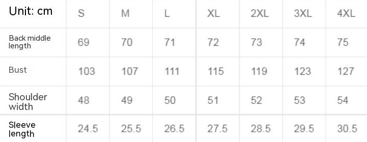 Size chart for a men’s ribbed knit short sleeve button up shirt displaying measurements in centimeters for sizes s to 4xl alongside a women’s long-sleeved top size chart.