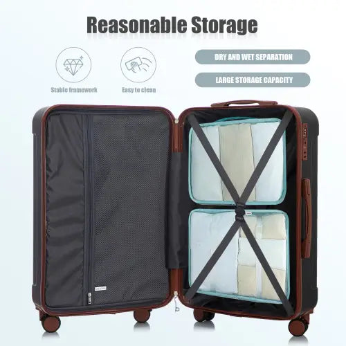 black and brown hard-shell abs spinner suitcase with tsa lock showing interior organization compartments from the 3 piece luggage set