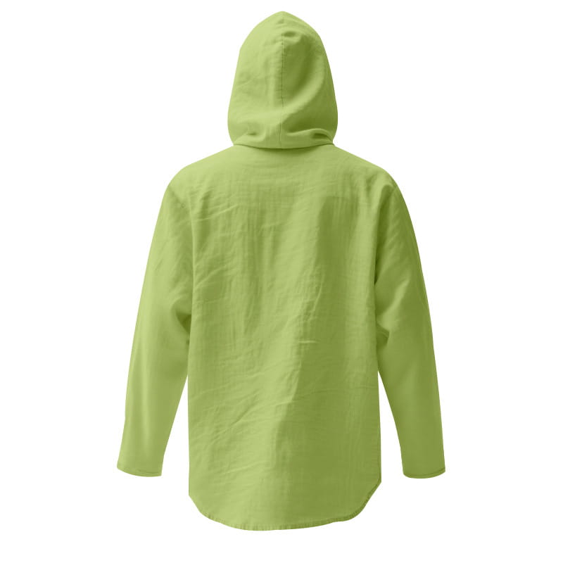 A lime green men linen hooded cardigan shirt made of soft lightweight fabric with long sleeves.