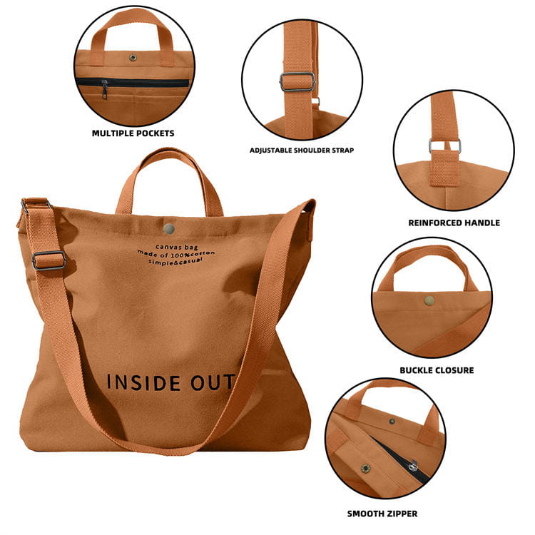 Tan canvas tote bag with high end large capacity black inside out lettering and wooden ring handles.