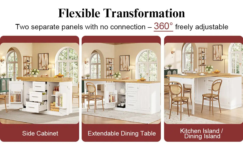 White extendable kitchen island dining table with light wood countertop and multiple drawers for flexible transformation into side cabinet or full kitchen island with storage.