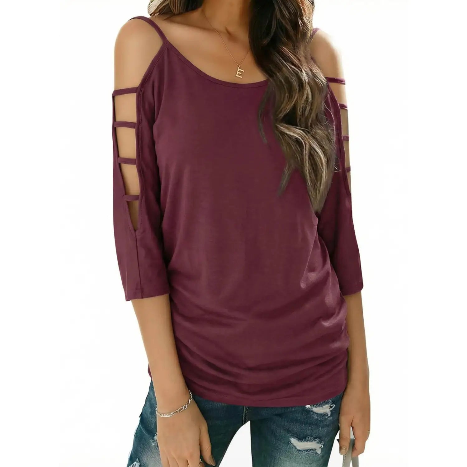 A maroon off-shoulder top with three-quarter sleeves and cut-out straps designed for stylish casual wear.
