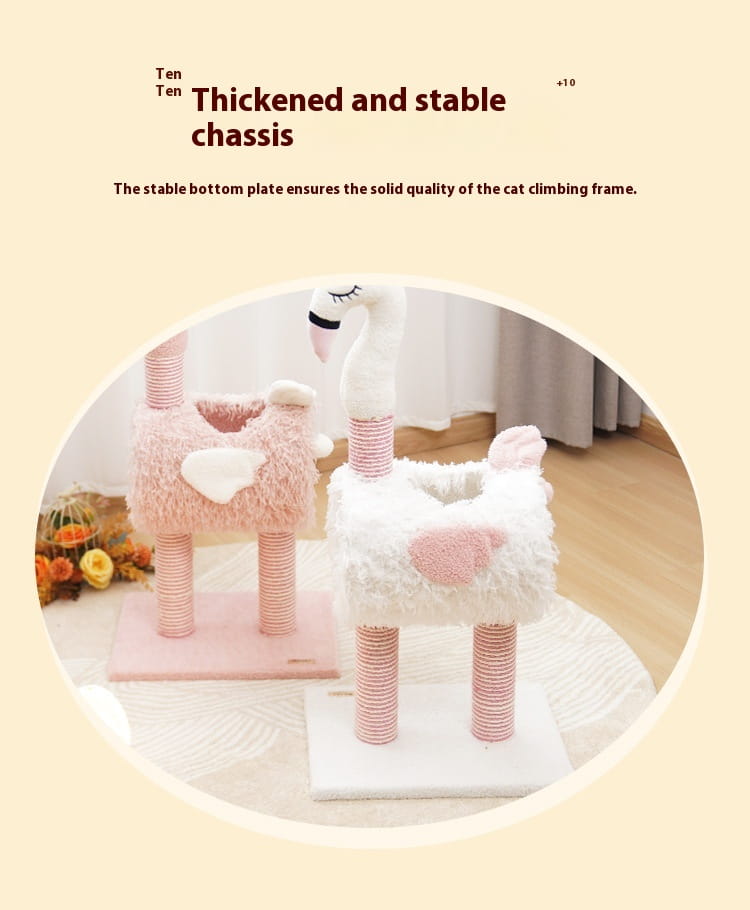 árbol para gato de peluche flamenco de color rosa y blanco, con textura esponjosa y patas envueltas en sisal, diseñado como poste rascador y nido